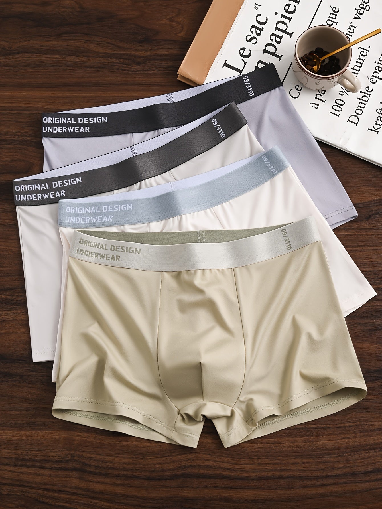 4pcs Set of Men's Boxer Briefs in solid color polyester blend fabric with high stretch, knit fabric, ideal for casual wear. Shortie style with 125 g/m² fabric weight, sweat-resistant.