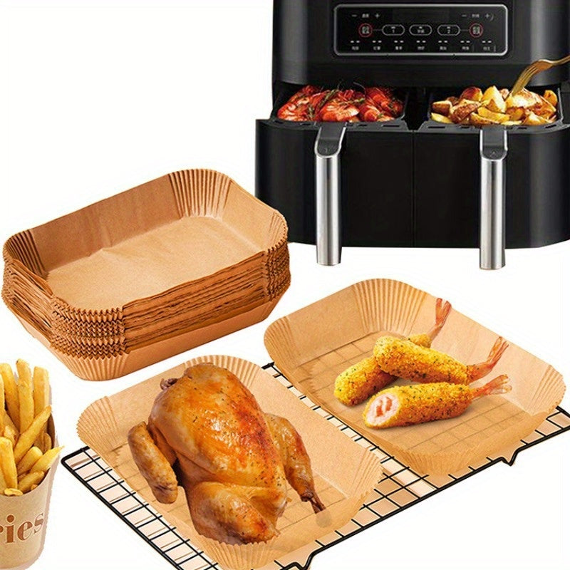 Nonstick Air Fryer Liner Set - Includes 100 pieces of 200 square paper trays. These high-temperature oilproof liners are food contact safe and require no electricity. Perfect for baking and cooking, they feature an oil dot drip paper pad for easy cleanup.