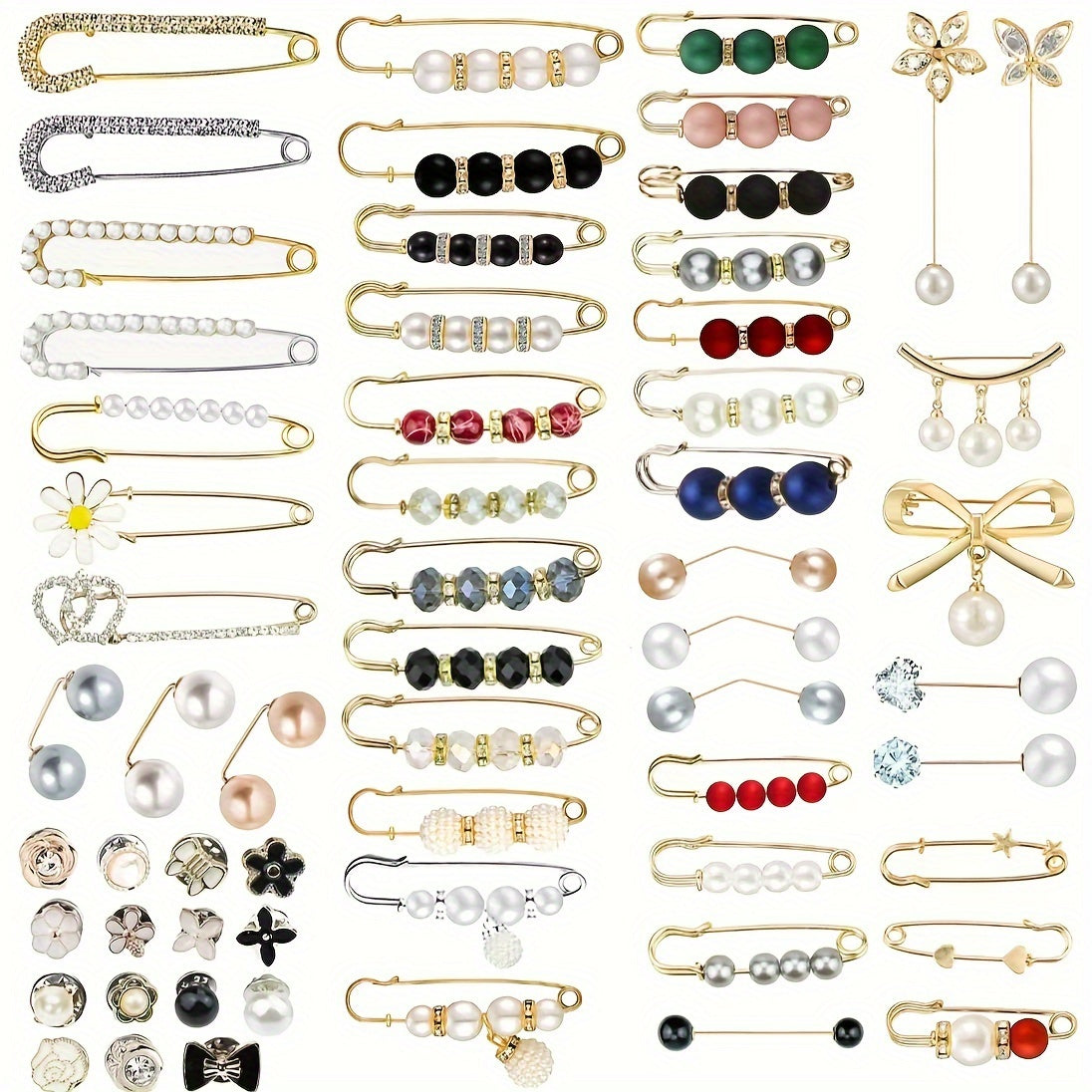 Stylish Set of 60 Brooches featuring Faux Pearls & Rhinestones - Multipurpose Accessories for Shirts, Sweaters, Shawls, Hats & Waist - Comes with a Convenient Storage Box