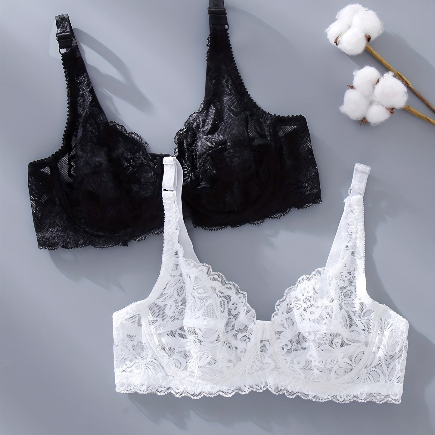 2 plain lace bras, semi-sheer and elegant for daily wear in women's lingerie.