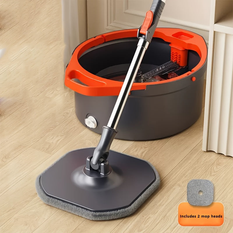 No electricity required for this Spin Mop and Bucket Set, featuring 2 Microfiber Mop Heads and self-cleaning wash system. The 360° rotating square mop is perfect for hardwood, tile, and marble floors in the living room, bedroom, bathroom, kitchen, or