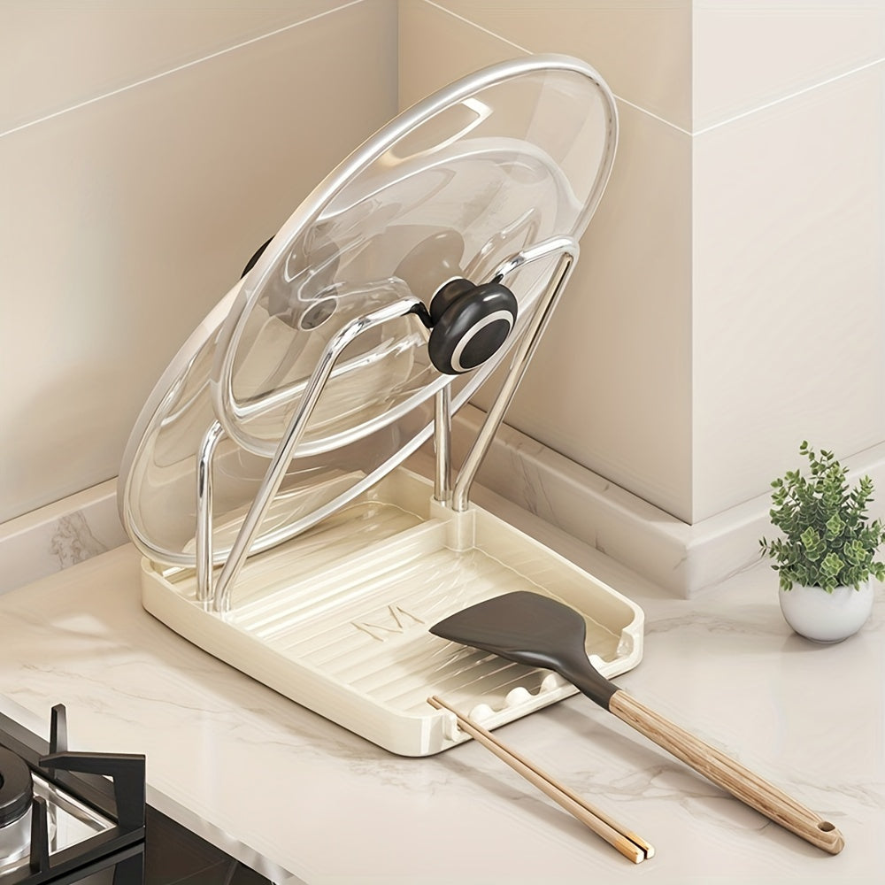 Pot Lid Rack Shelf - Organize your pot covers easily with this space-saving storage solution. Made from durable material, this shelf includes a free punching soup spoon rack. Keep your kitchen tidy with this durable pot cover organizer.