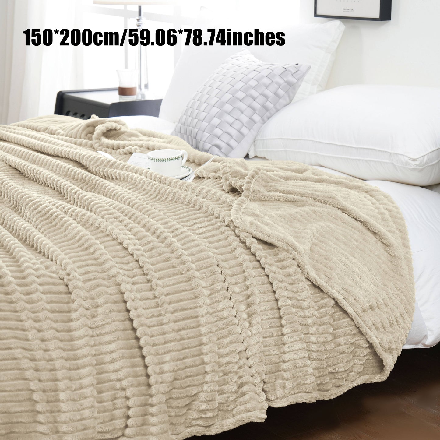 Enjoy the cozy comfort of our 1 piece 220GSM Flannel Throw Blanket, featuring a soft and warm ribbed design available in Beige, Gray, Black, or White. Perfect for all seasons, this blanket is ideal for use in the bedroom, sofa, office, or even for your