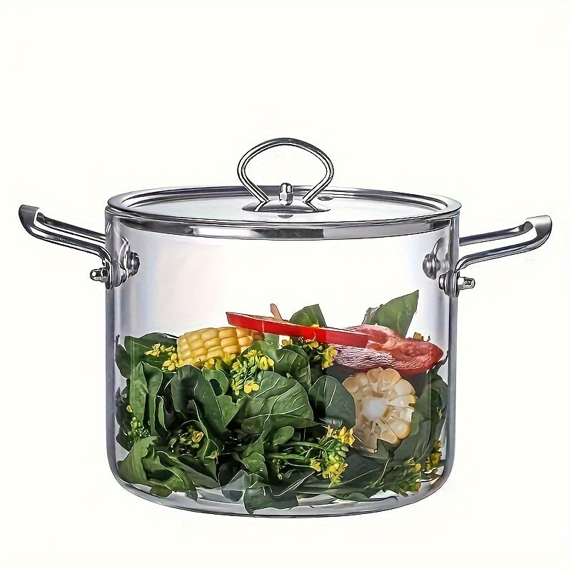 One piece of large-capacity high-boron-silicon glass soup pot with double ears and lid, featuring a stainless steel handle. Suitable for use on household electric ceramic stoves for heating and cooking various dishes such as noodles and stews.