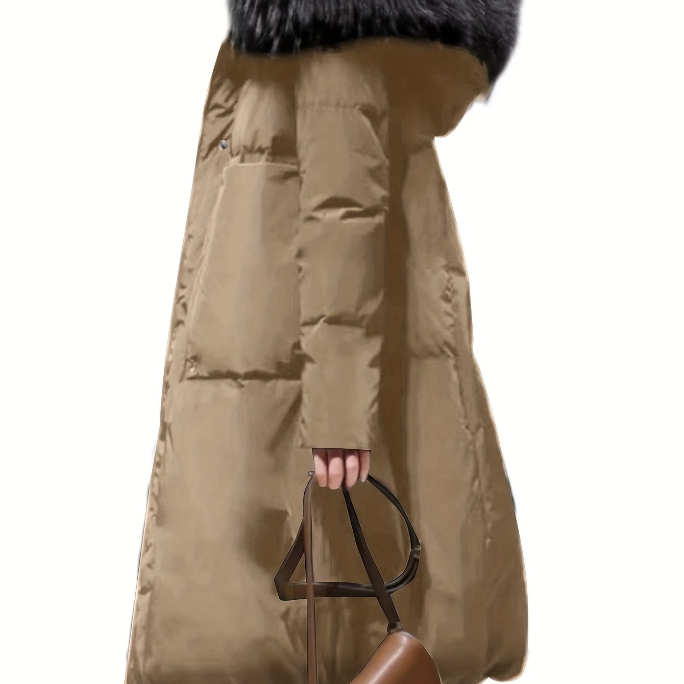 Women's Elegant Long Winter Hooded Coat with Faux Fur Trim, Zip-Up Front, and Side Pockets for Cold Weather Style.