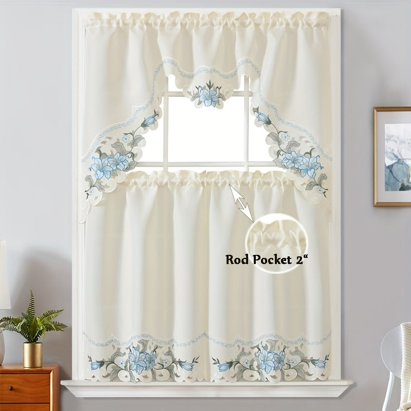 Enhance Your Home Decor with These Elegant 3-Piece Beige Floral Embroidered Polyester Window Curtains - Ideal for Bedroom, Living Room, Kitchen, and More!