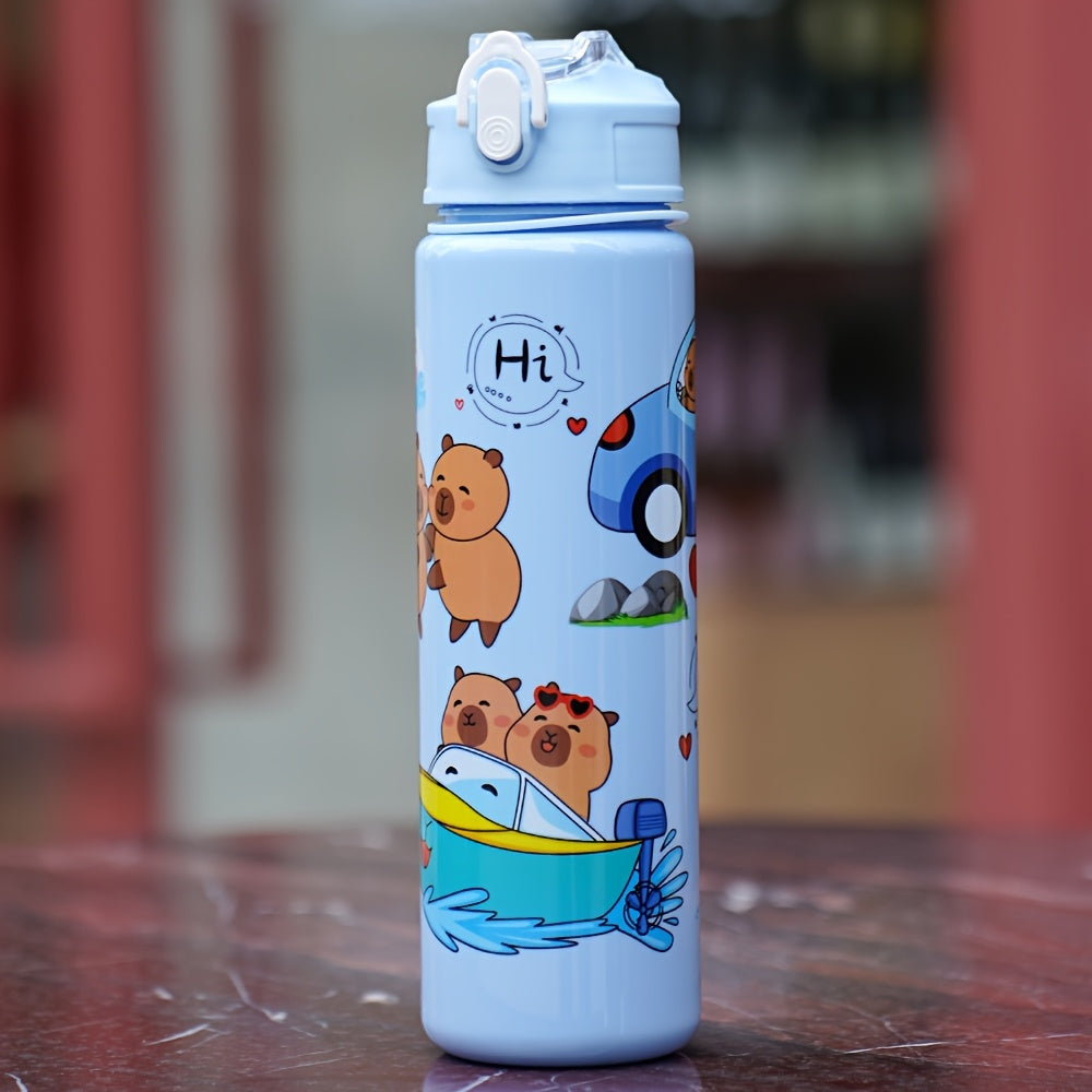 Cute cartoon water bottle (21oz) with leak-proof flip cap and straw, perfect for school, travel, outdoor activities. PVC-free plastic, hand wash only. Suitable for climbing and various holidays and celebrations.