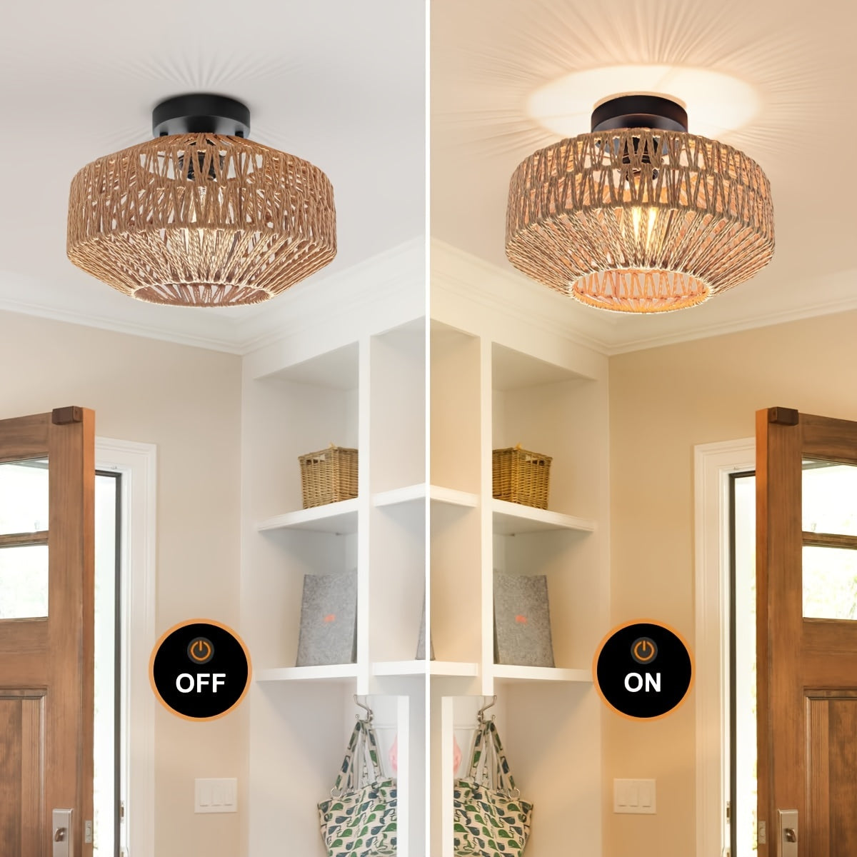 Bohemian style semi-flush mount ceiling light fixture with hand-woven rattan shade and modern metal frame. Energy-efficient, hard-wired, E26 medium bulb base. Suitable for bedroom, living room, kitchen, hallway. Light source not included.