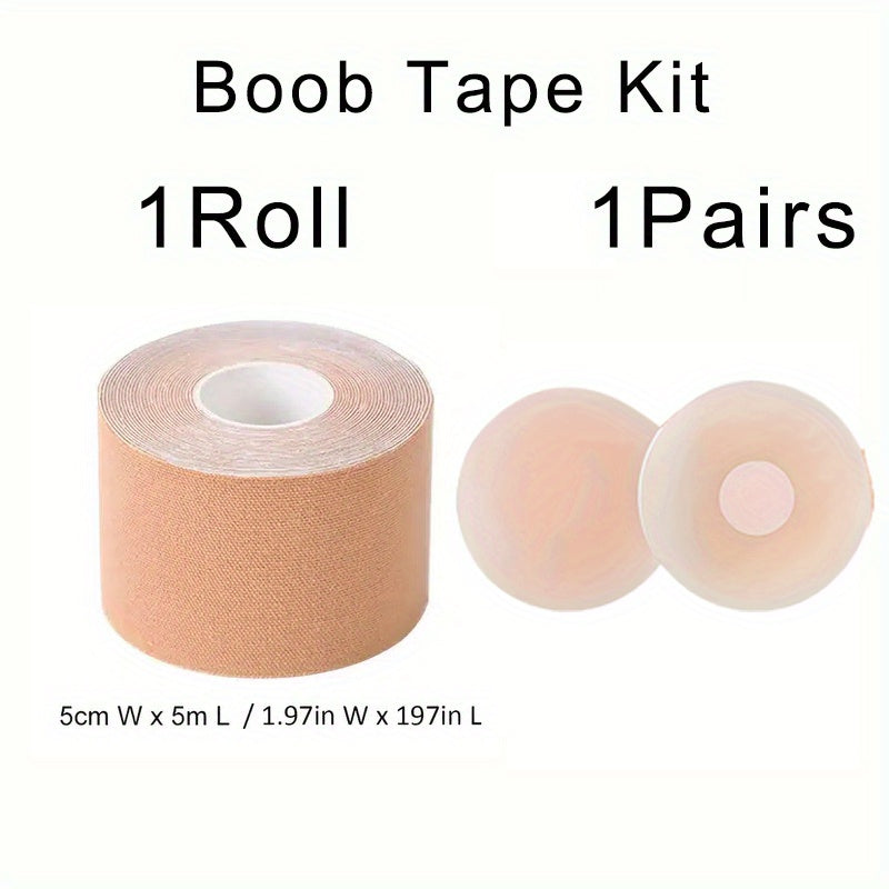 Breathable breast lifting tape with nipple pasties for strapless dresses and lingerie.