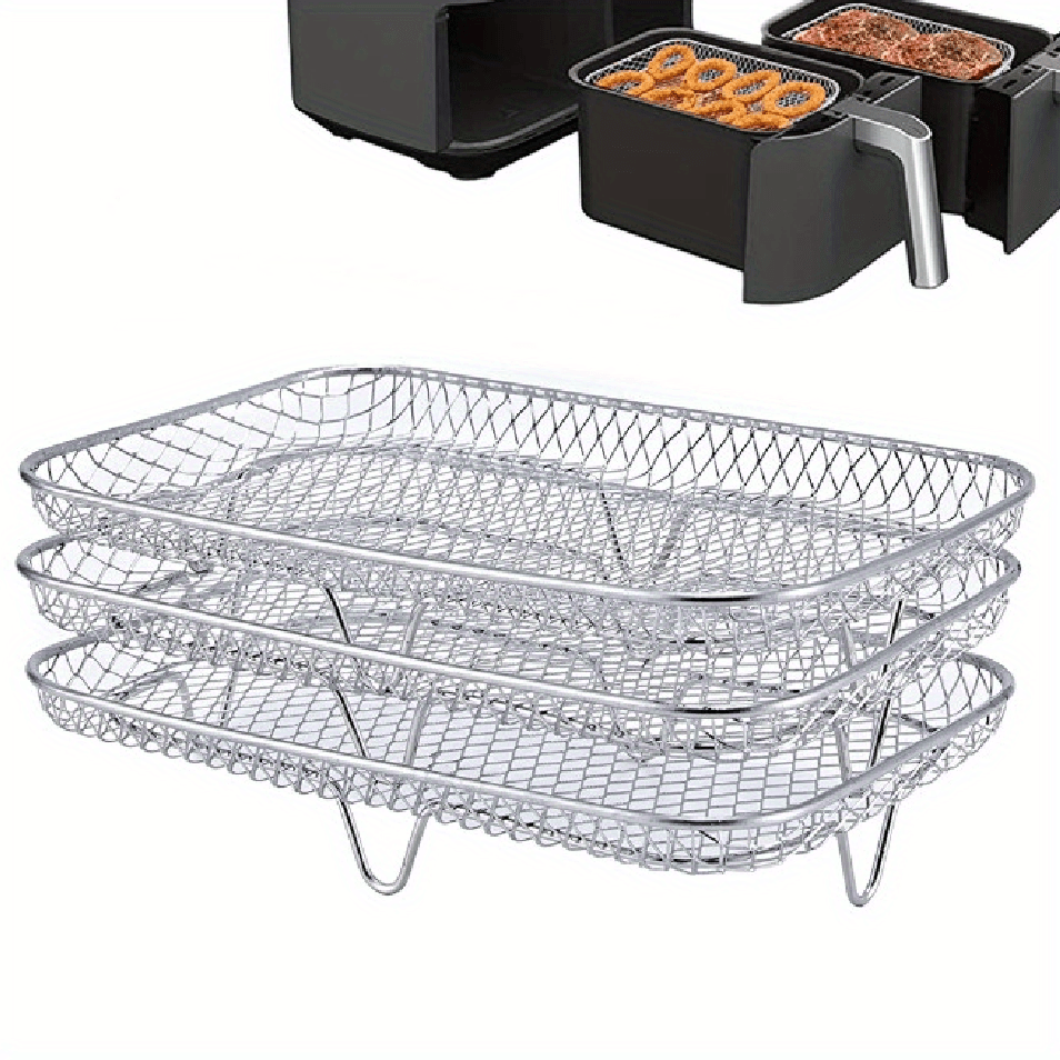 One set of air fryer accessories includes a three-layer square grill rack, steam rack, stainless steel stackable rack, dehydration rack, barbecue basket, barbecue rack, drainage basket, filter rack, food frying basket, and oil brush.