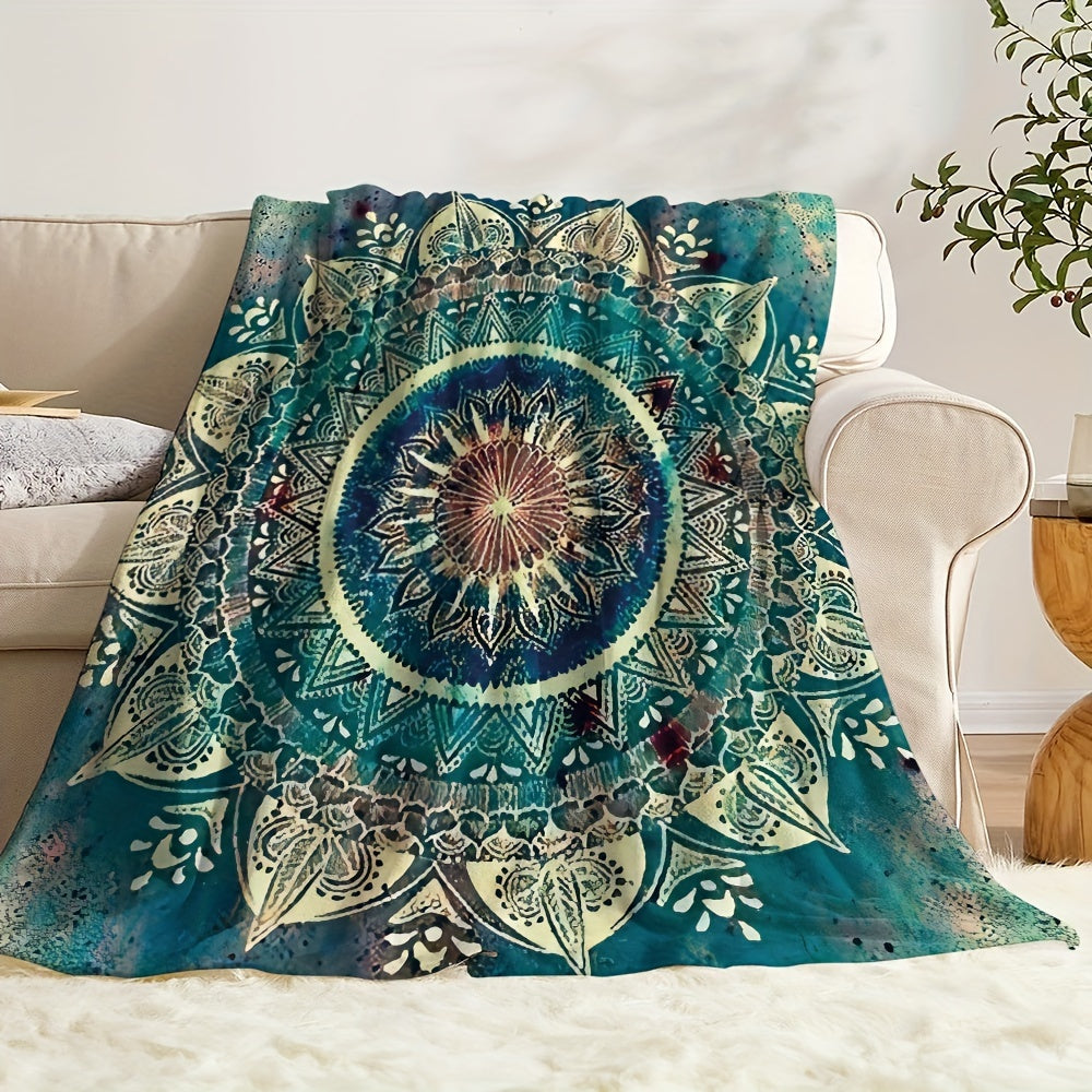 Bohemian Style Mandala Fleece Blanket - This cozy blanket features vibrant blue, green, and yellow patterns, making it the ideal addition to your sofa, bedding, or for napping. Made from soft polyester, this blanket is perfect for all seasons and makes a