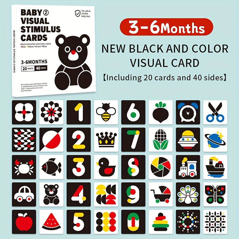 High contrast black and white red cards for visual stimulation and brain development for children up to 6 months. Contains 40 pages of 20 cards.