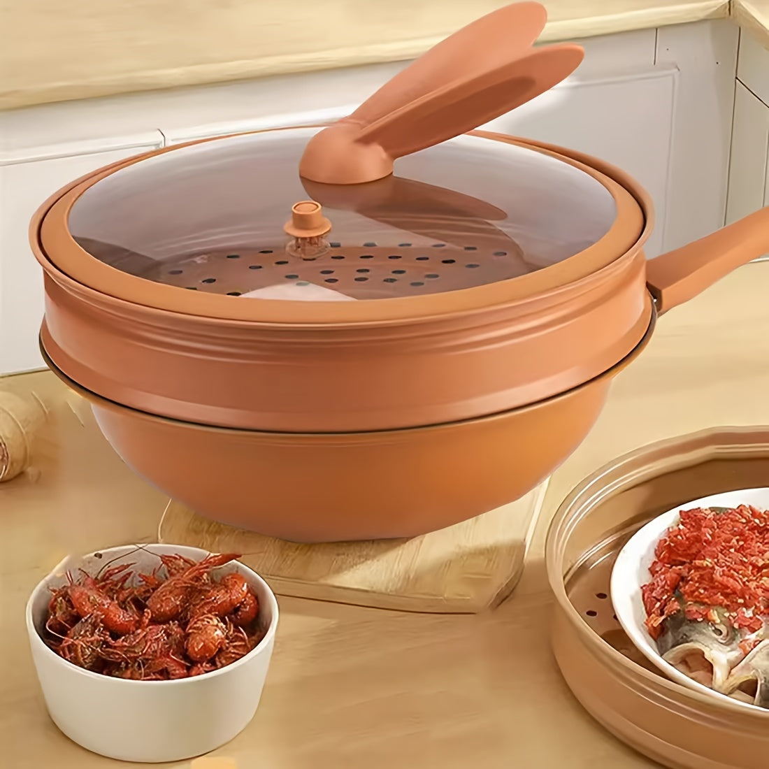 Double-sided Clay Micro-pressure Steaming and Stir-frying Pot, Two-in-one with Non-stick Coating, Versatile for Stir-frying and Steaming. Advanced Design with Pure Iron and Clay Construction, Includes Lid, Steamer, and Stir-frying Pot.