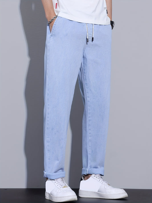 Men's light blue drawstring waist straight-leg jeans in glossy fabric, perfect for all seasons.