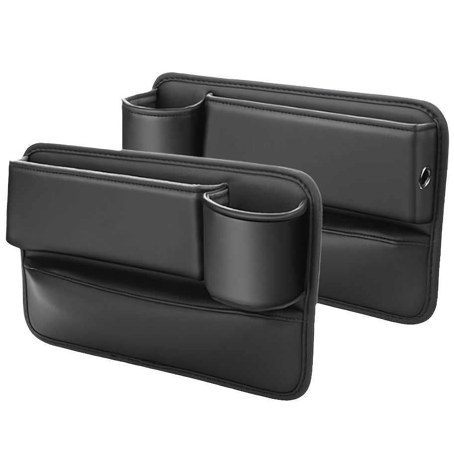 Universal car seat gap organizer with cup holder, armrest slot storage, in black.