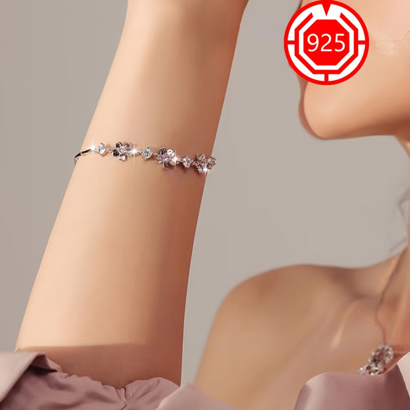 925 Sterling Silver Cherry Blossom Bracelet with 18K Gold Plating, Hypoallergenic and Elegant Floral Design - Ideal Gift for Girlfriend, Best Friend, Wedding, or Holidays. Lightweight at 4g, comes with Gift Box for All Seasons.