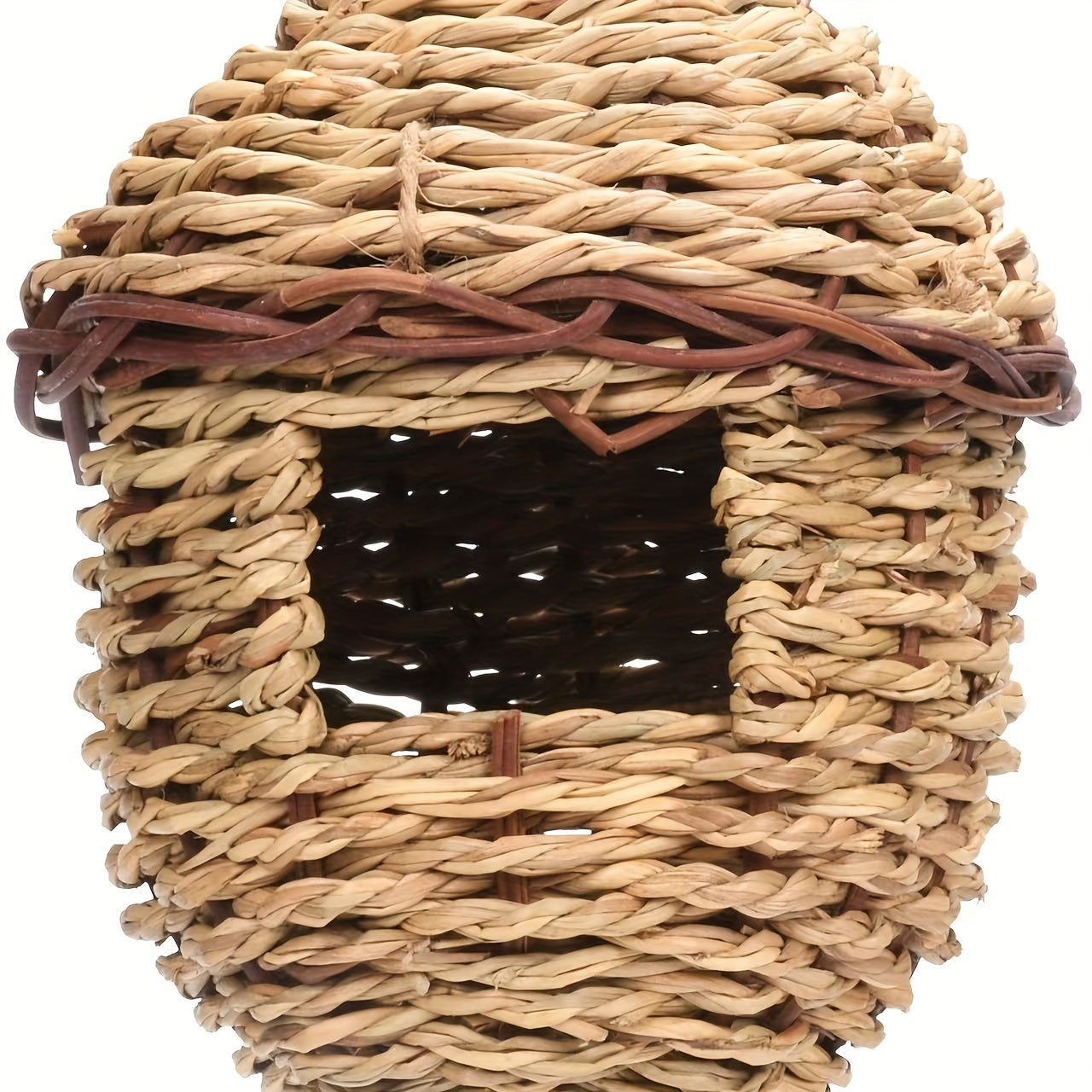 Handmade rattan birdhouse for outdoor birds in natural seagrass design.