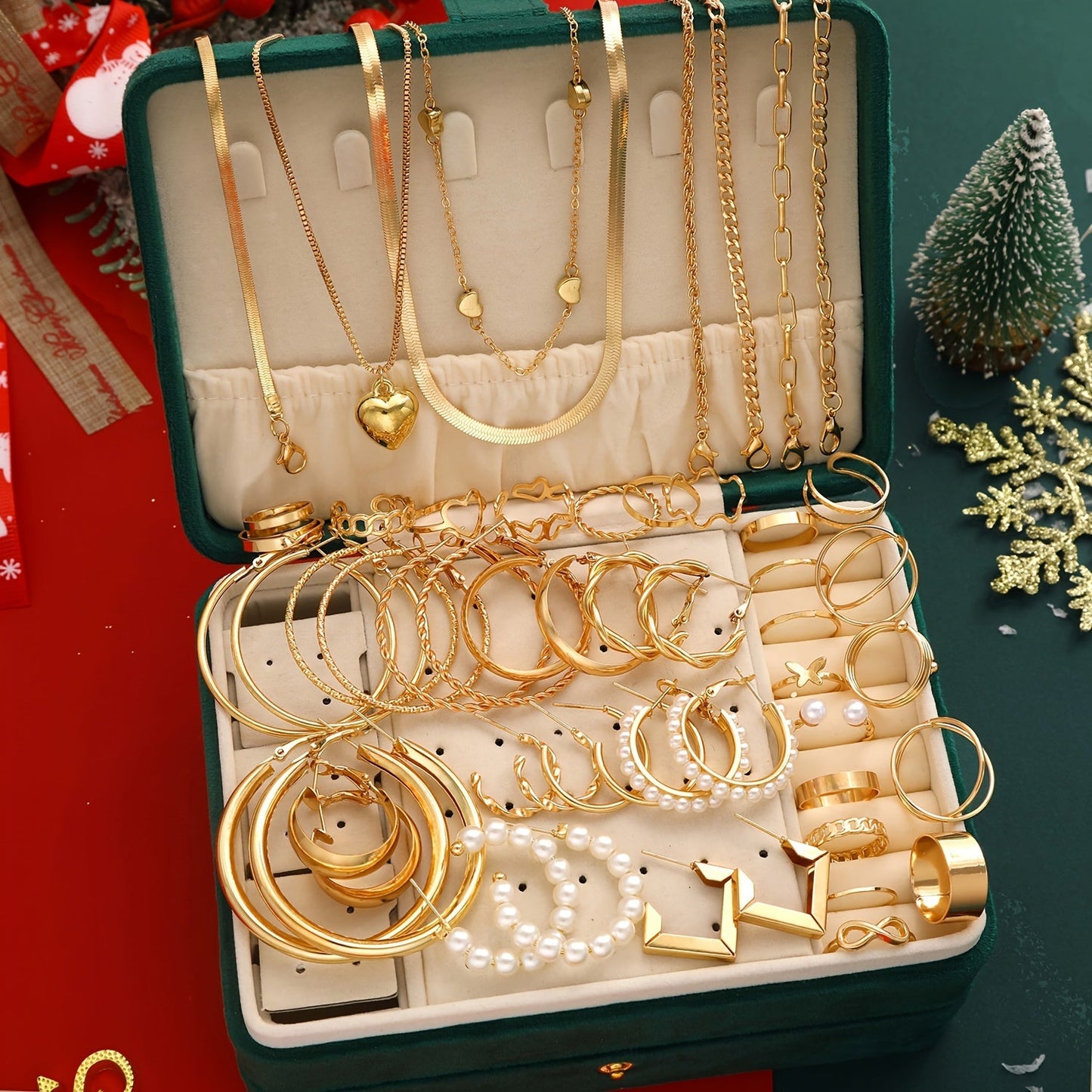 Luxurious 54-Piece Christmas Themed Jewelry Set - Made with High-Quality Zinc Alloy and Imitation Pearl Details, No Plating - Includes Fashionable Rings, Earrings, Heart Pendant Necklaces, and Bracelets for Women - Versatile Accessories Perfect for