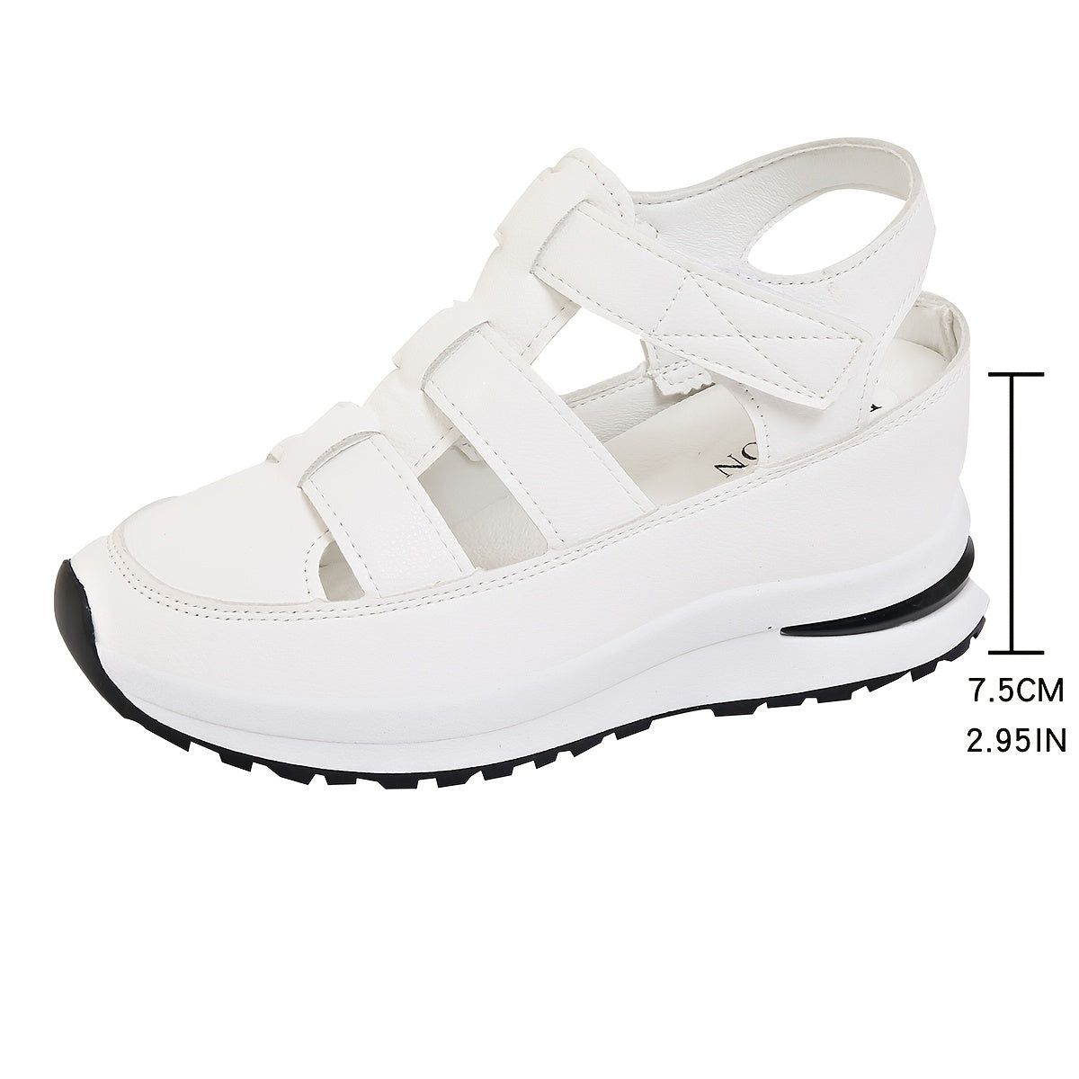 Stylish summer wedge sandals for women with breathable fastener closure and soft sole. White faux cover for casual comfort outdoors or on vacation. Chic wedge design in synthetic material.