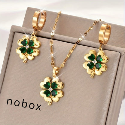 Set of 3 Gold-Tone Stainless Steel Clover Pendant Necklaces with Earrings, featuring Cubic Zirconia & Emerald stones. Perfect for Bohemian & Minimalist styles. 18K Golden Plated with Synthetic Zirconia. Unisex design suitable for all seasons. Ideal for