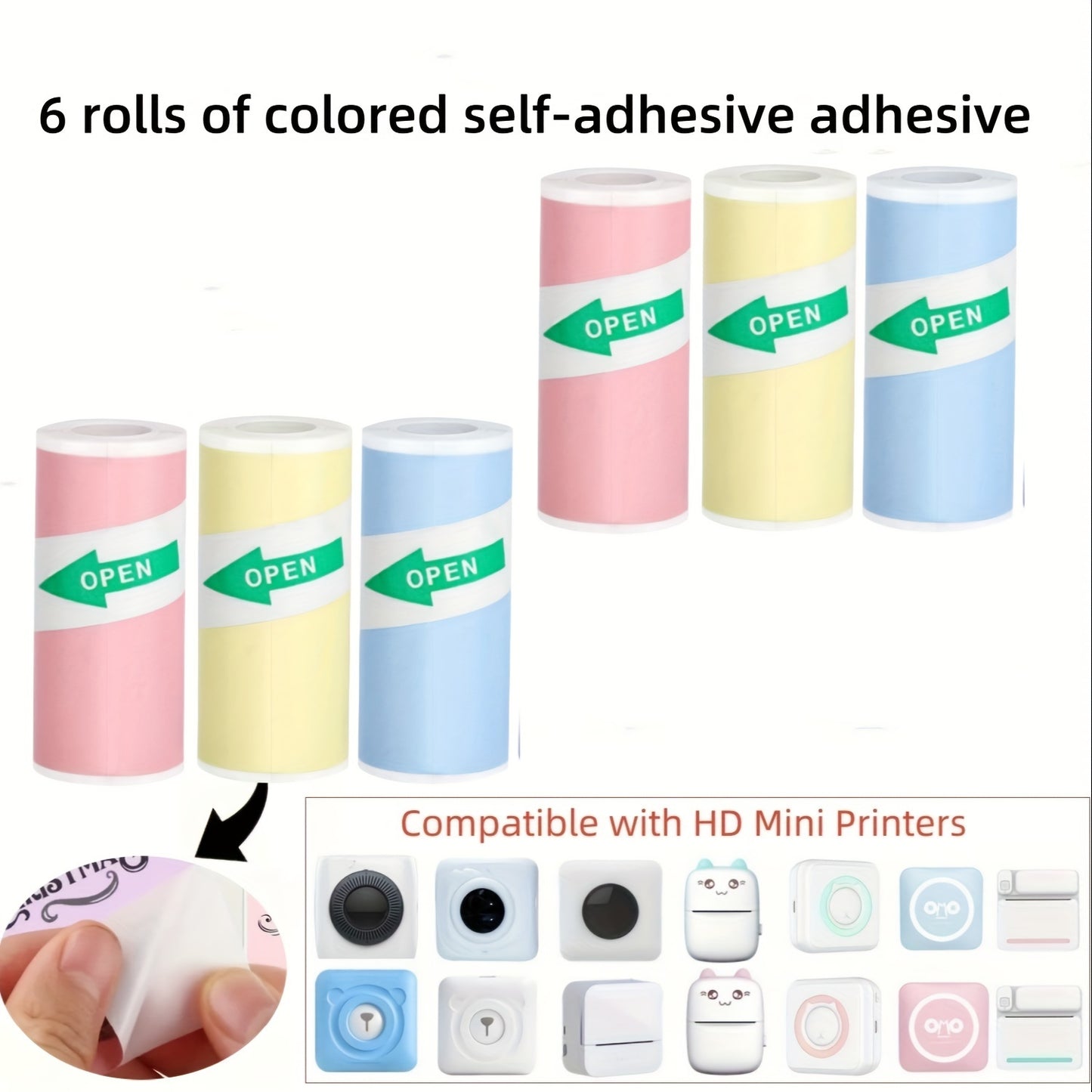 Colorful adhesive stickers in rolls, 57*25mm, suitable for mini printers/Polaroid cameras, ideal for inkless printers, study notes, work, photos, and memos. Glossy finish, compostable