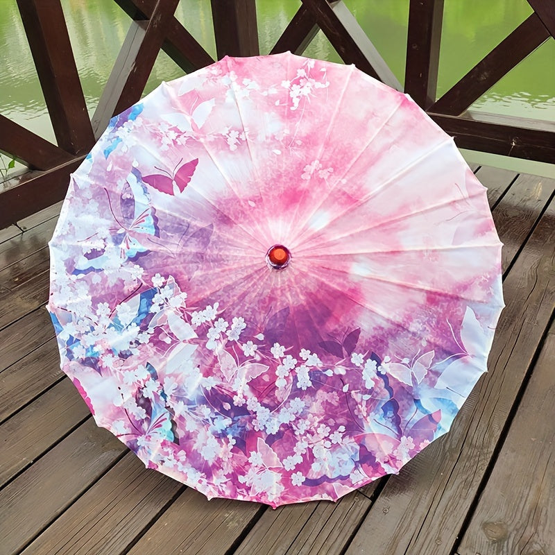 Chinese Flowers Parasol Umbrella with Cherry Blossom Sakura Floral Bamboo Handle for Sun and Rain Protection, Ideal for Weddings and Parties.