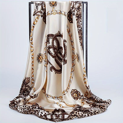 Luxurious 88.9cm square satin scarf for women featuring classic leopard and chain print. Made of soft polyester fabric, suitable for outdoor fashion as a versatile head wrap and shawl.