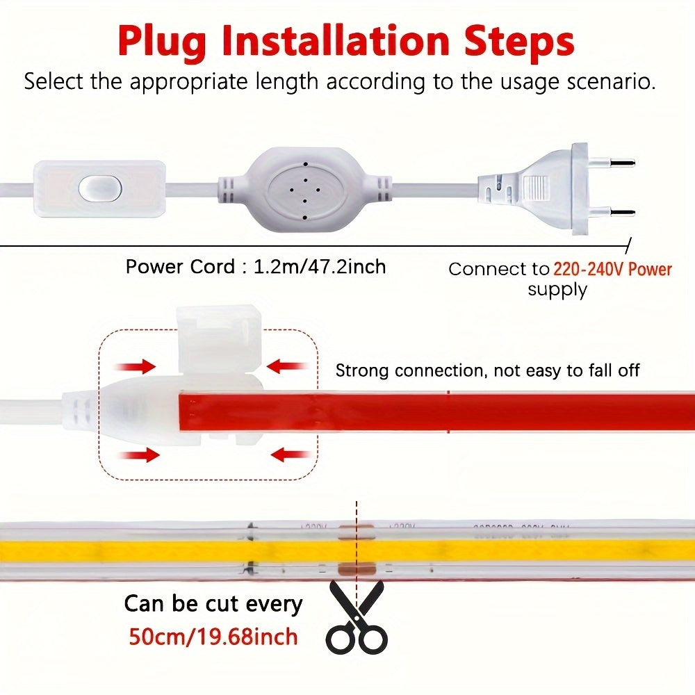 ZGREDED High-Brightness COB LED Strip Lights, Flexible & Cuttable to 49.99cm, 220V, Double-Sided Adhesive Included for Easy Installation in Various Areas