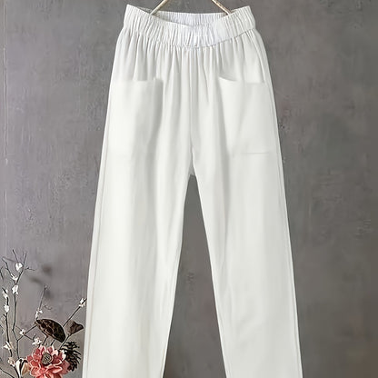 White harem style pants for plus size women, made of lightweight polyester with elastic waistband. Machine washable for spring, summer, and fall seasons.