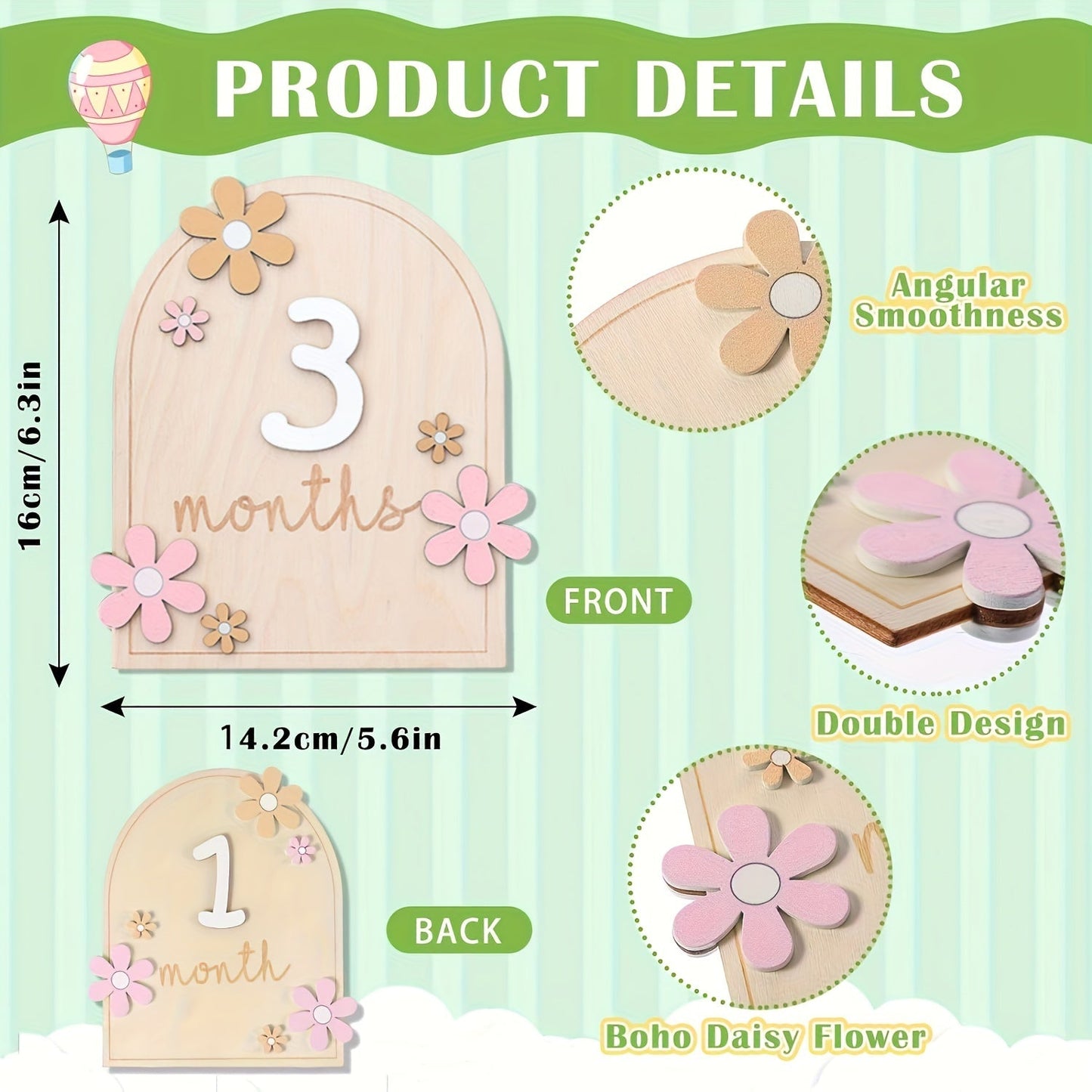 Wooden milestone cards set: track your baby's growth with monthly milestone discs featuring a floral AA design. Perfect for photo props and announcing your little one's first year. Includes discs for each month from 1 to 12.