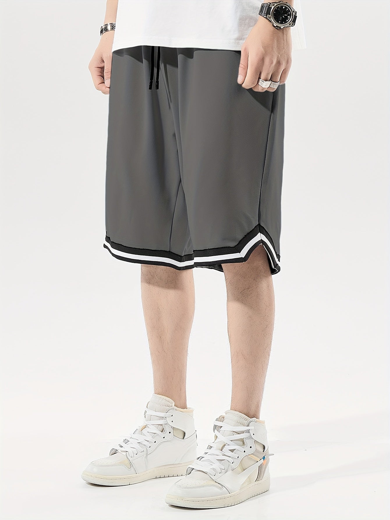 Men's plus size sports shorts with geometric pattern, loose fit, knit polyester fabric, mid-length, 250g/m² weight - perfect for comfortable summer wear.