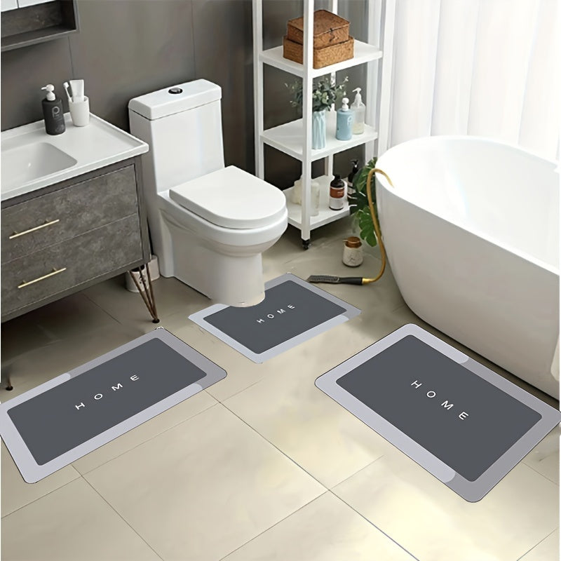 Bathroom Anti-slip Mat Set includes 3 pieces of mats made from Diatom Mud for toilet, washbasin, and entrances. These absorbent, washable, and cuttable mats are also suitable for bathtubs. They are wear-resistant and come in square and oval shapes