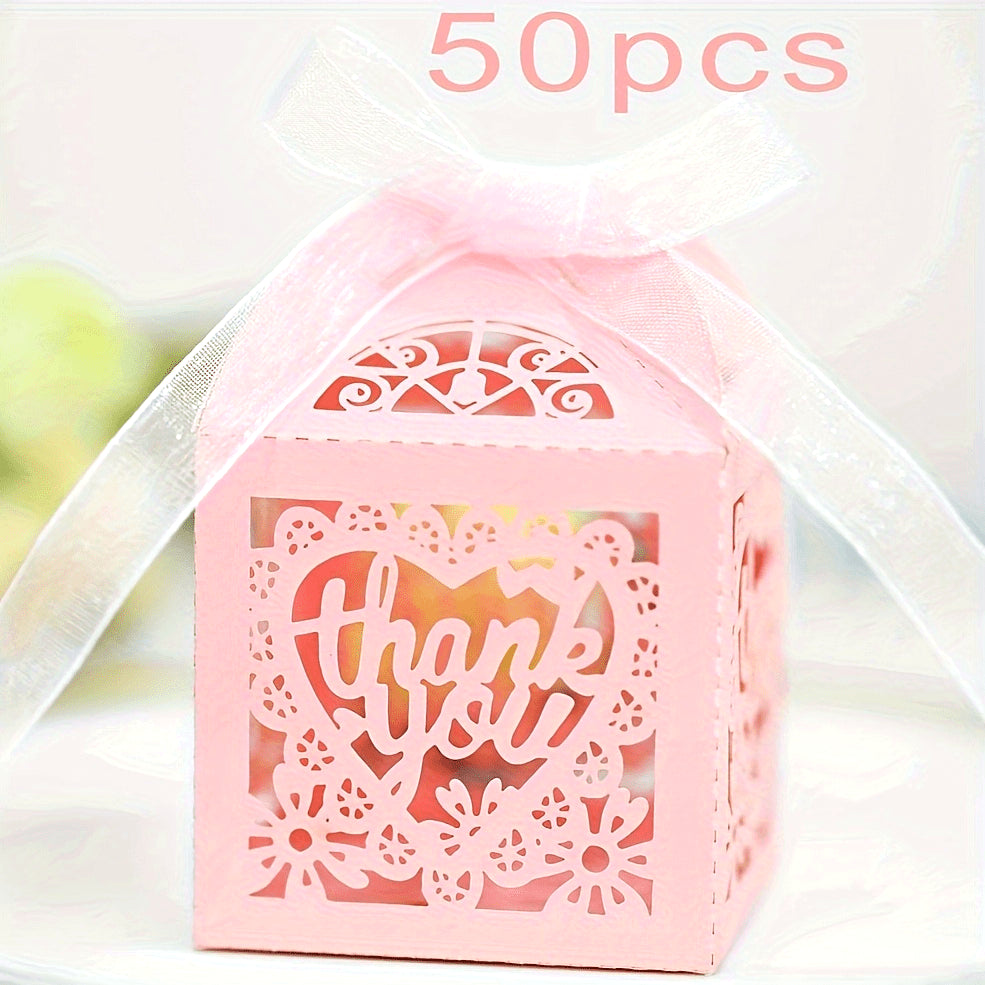 Set of 50 Pink Floral Letter Candy Boxes with Ribbons - Elegant Laser-Cut Chocolate Gift Boxes Perfect for Weddings, Birthdays, and Bridal Showers. Ideal Wedding Candy Box or Double Letter Gift for the Bride