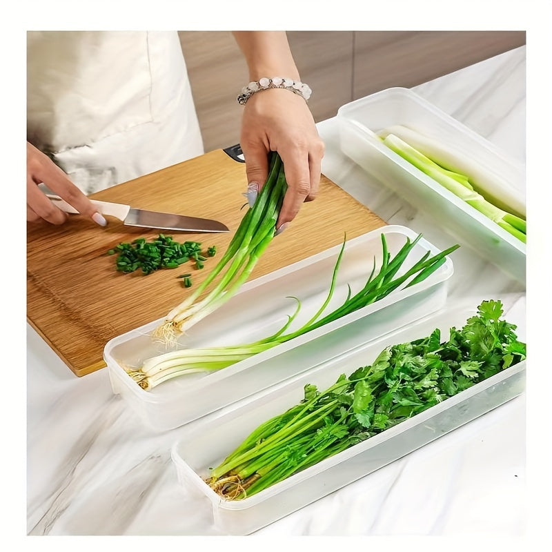 Two large plastic food storage containers designed for organizing vegetables in the refrigerator. These durable kitchen organization boxes feature a secure seal and require no electricity. Perfect for use as desk and drawer organizers for home storage.