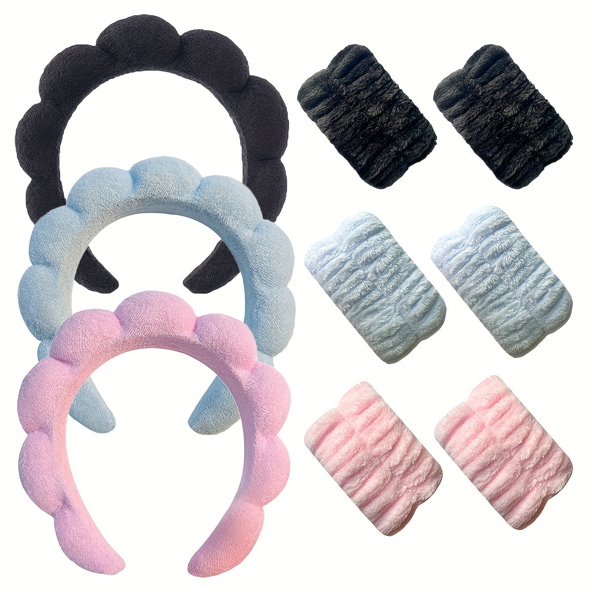 Set of three soft sponge hair hoops with wrist strap towels, perfect for skincare, face wash, and hydrotherapy headbands for women.