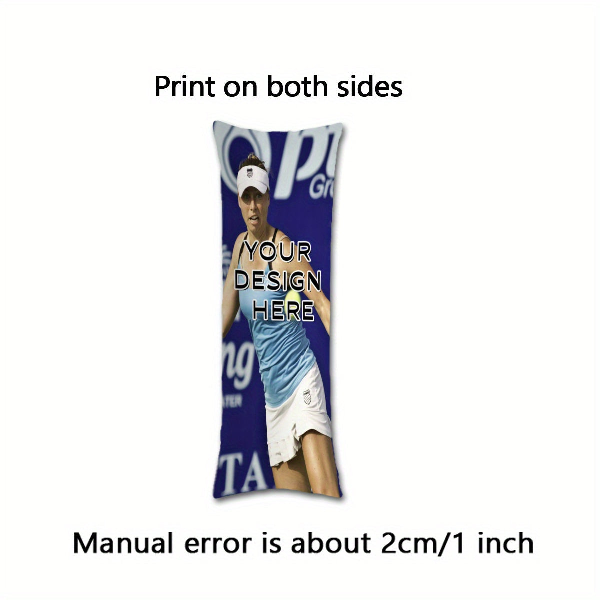 Long body pillow with custom picture and text, personalized pillowcase featuring idols, anime characters, or loved ones. Made of short plush material with double-sided printing. Does not include pillow core. Size: 50.8 × 137.16 cm.