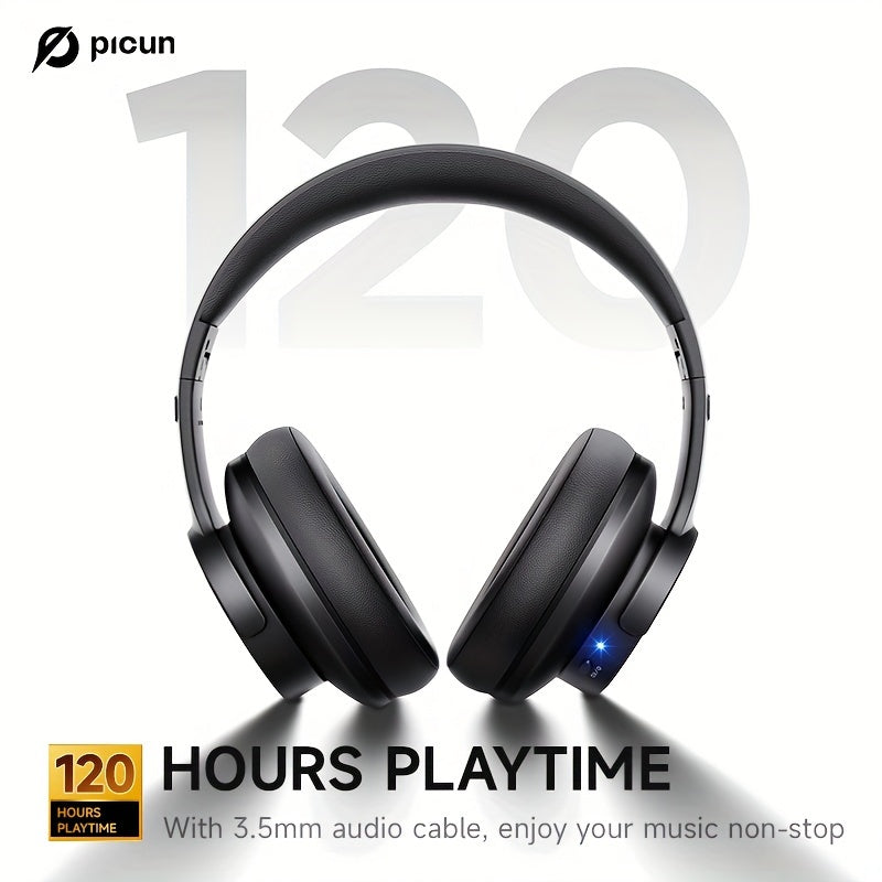 Picun B8 Wireless Over-Ear Headphones with 120 hours playtime, wireless 5.0, 3EQ & Game Mode, hands-free calls, foldable design, and Type-C charging. Suitable for travel, home, office, PC