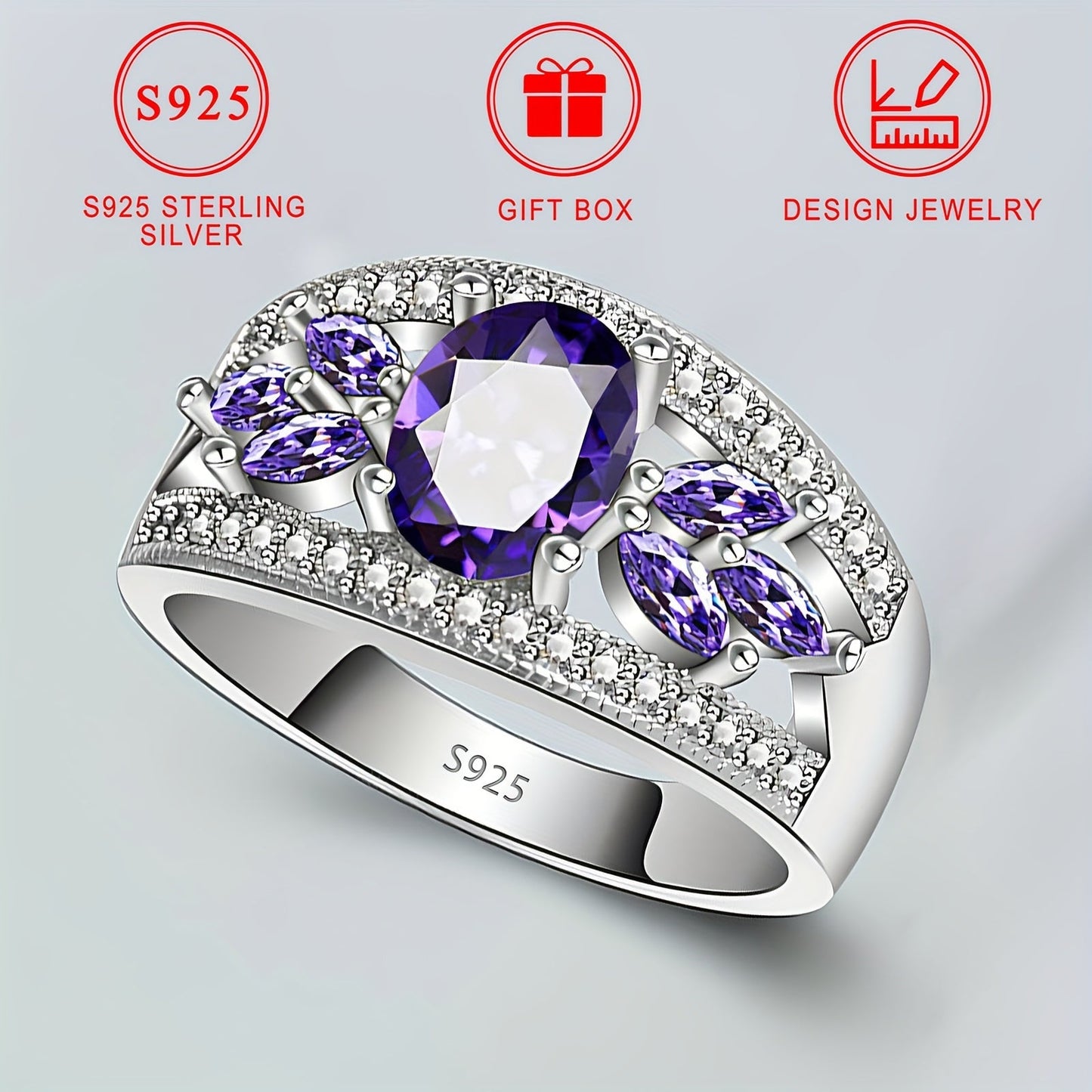 Luxurious S925 Sterling Silver Ring with Sparkling Purple Cubic Zirconia, Hypoallergenic and Nickel-Free, Ideal for Everyday Wear and Gift-Giving. Comes with a Gift Box, perfect for a touch of luxury and blingbling style, suitable for any occasion.