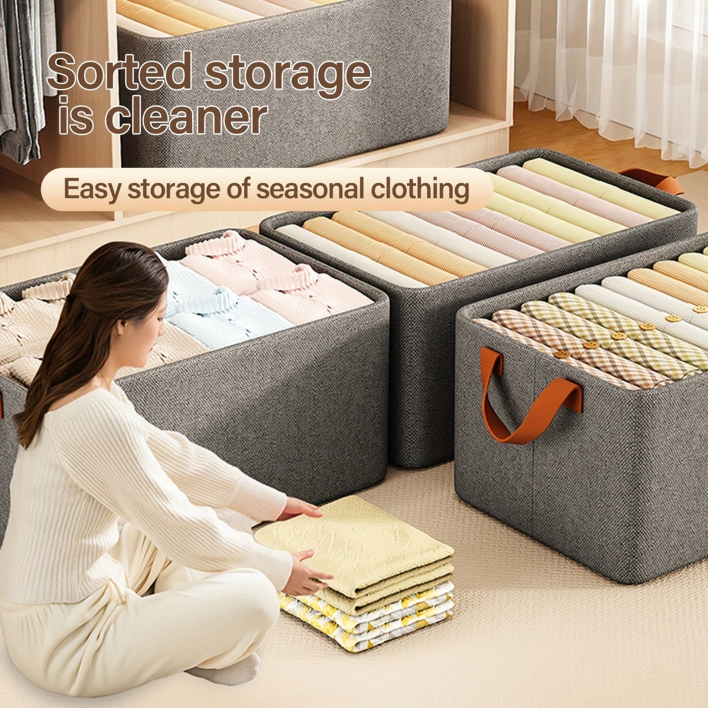 Keep your home organized with this set of four storage boxes, perfect for storing clothes, quilts, underwear, and bedding sets. These boxes can be easily folded when not in use and feature a stylish gray fabric design. An essential item for closet