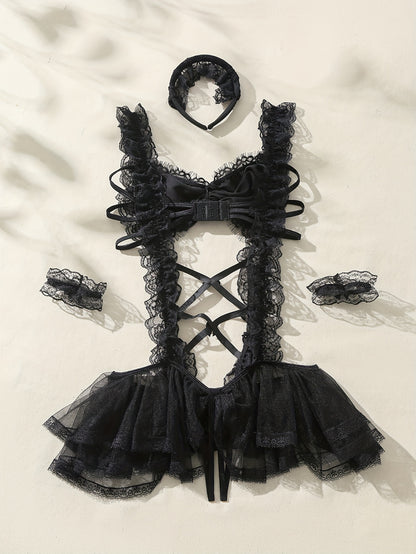 Sexy naughty maid cosplay costume set, including cami dress, cuffs, and headwear with bow knot lace trim and criss cross cut out design.