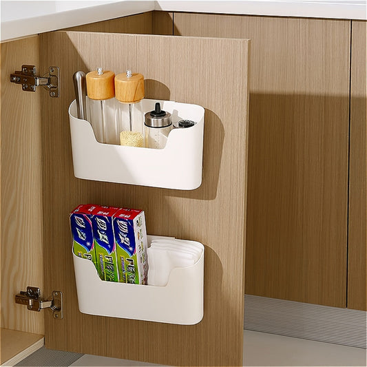 Plastic holder for bags and film with hooks, suitable for home, kitchen, and restaurant. This wall-mounted cabinet door storage organizer is ideal for keeping your kitchen organized.