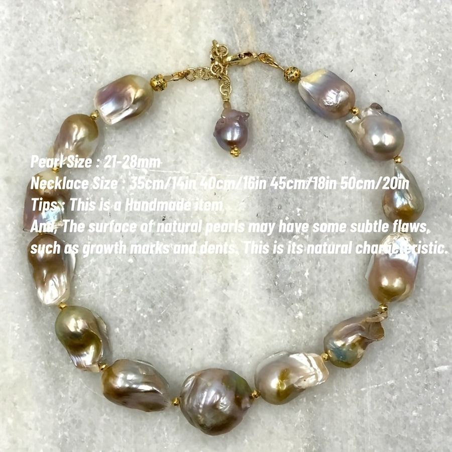 Handcrafted MYSOYA Baroque Pearl Necklace featuring 100% natural freshwater pearls ranging from 21-28mm. This elegant and luxurious jewelry piece is perfect for everyday wear, weddings, and special occasions. Makes a stunning Valentine's Day gift or June