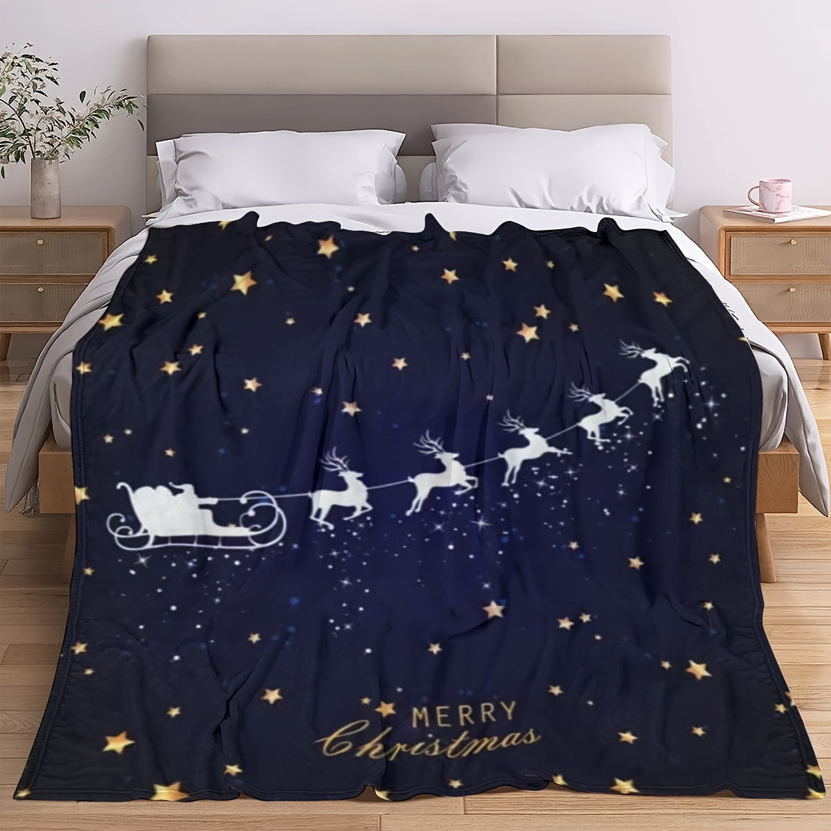 Soft and plush Cozy Reindeer Print Christmas Throw Blanket, perfect for all seasons. Ideal gift for youngsters and adults, perfect for bed, sofa, or chair. Add a festive touch to your living room decor.