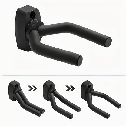 Adjustable black foam steel guitar wall hooks for displaying instruments of all sizes - space-saving and safe.