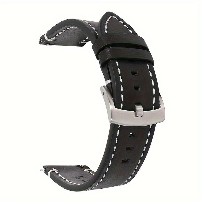 Soft, Waterproof, and Sweat-proof Vintage Cowhide Leather Wrist Strap with Silvery Black Buckle, 20mm 22mm Quick Release Strap, and Spring Bar Switch