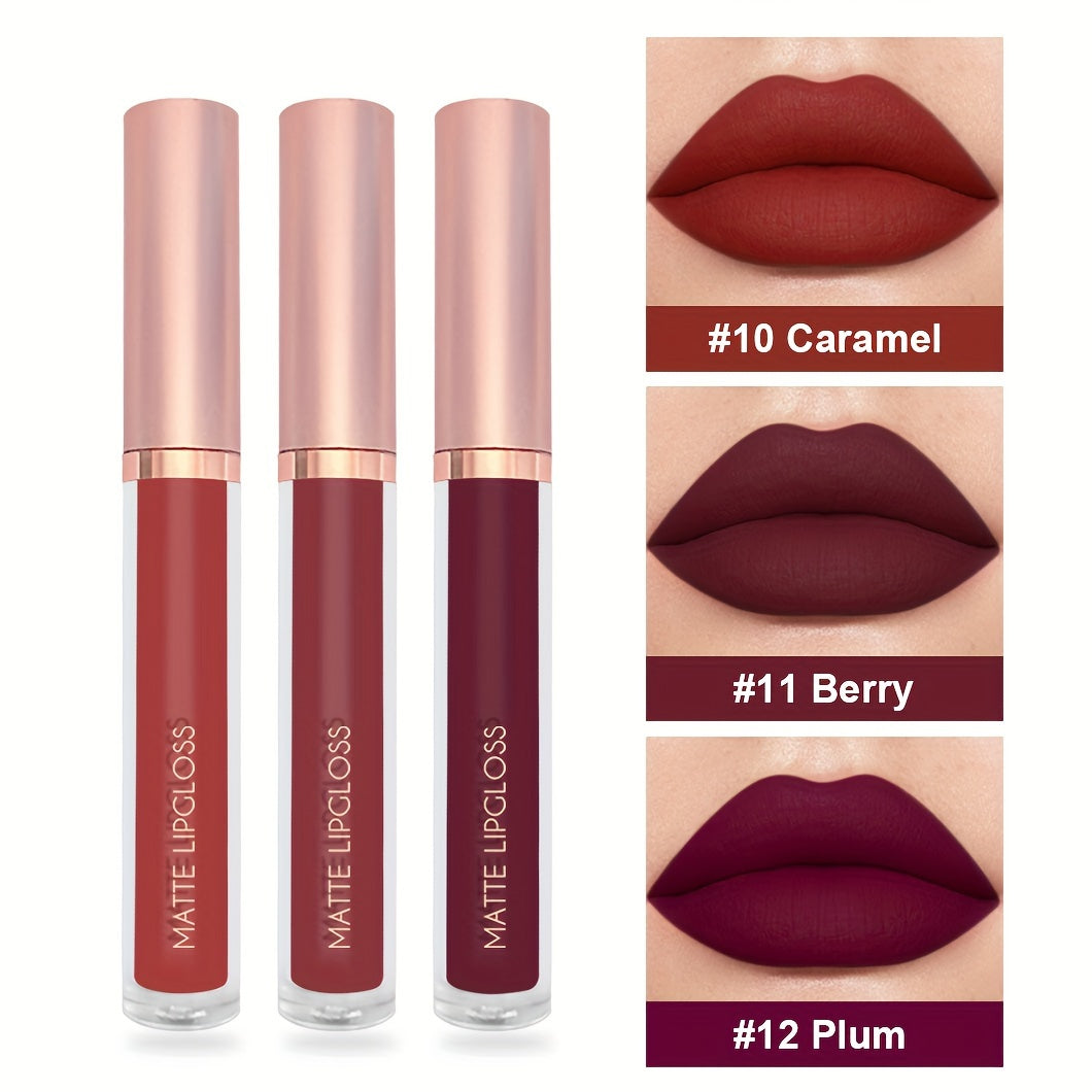 3-piece matte lipstick lip gloss set, waterproof and non-stick cup. Matte velvety finish, long-lasting and fade-resistant. Perfect for Valentine's Day or Mother's Day gifts for women.