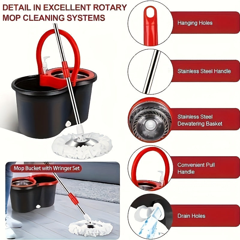 360° Rotating Mop and Bucket Set with 2 Microfiber Mop Heads, Stainless Steel Handle, Suitable for Wet and Dry Cleaning, Perfect for Home and Office Use in Living Room, Bedroom, Bathroom, Toilet, and Kitchen.