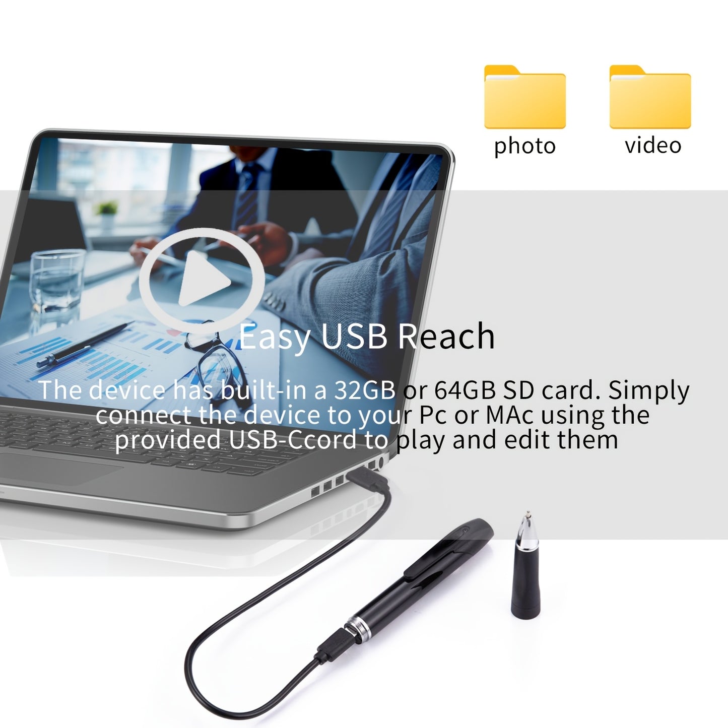 1pc 1080P HD Mini Nanny Camera Pen with 64GB rechargeable lithium battery, touch control, and one button loop recording. Suitable for indoor use in office meetings.