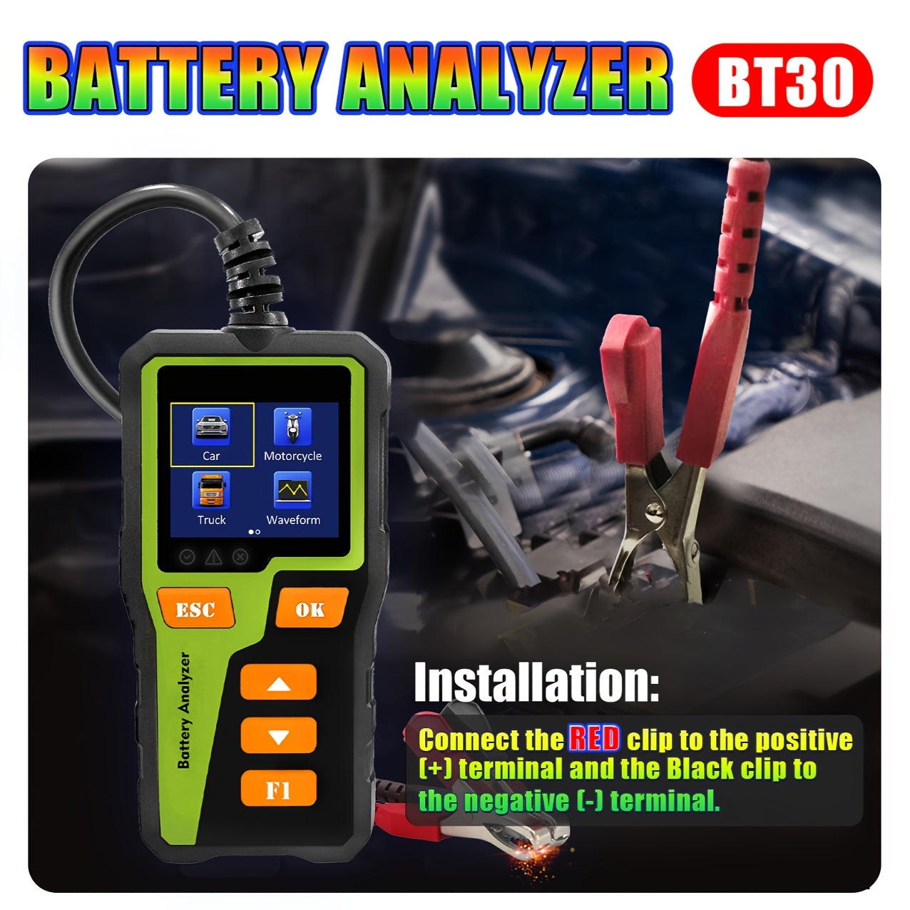 12V 24V Car Battery Tester Analyzer for Automotive Battery System Testing, including SOC, SOH, Internal Resistance, Charging, Cranking, and Diagnostic Tool for various vehicles.