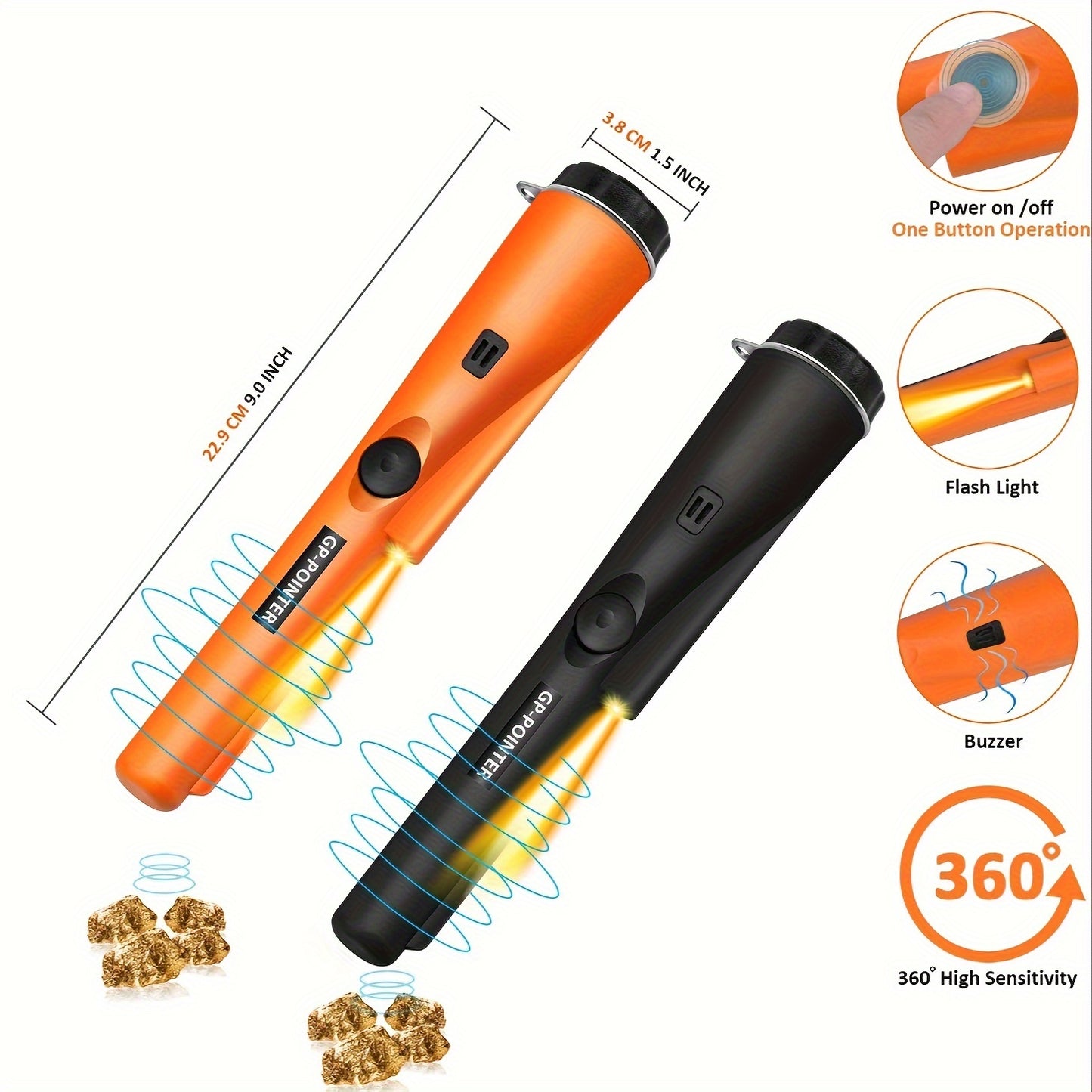 Portable metal detector wand with high sensitivity, 360° search capability, includes belt holster, made of plastic, battery operated (batteries not included), ideal for finding golden coins